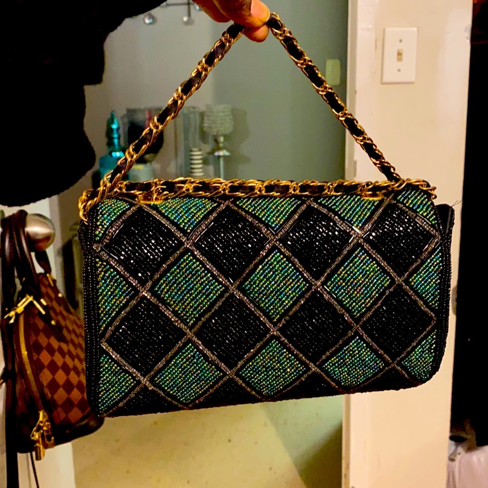 Vintage gold, green & black beaded evening purse.